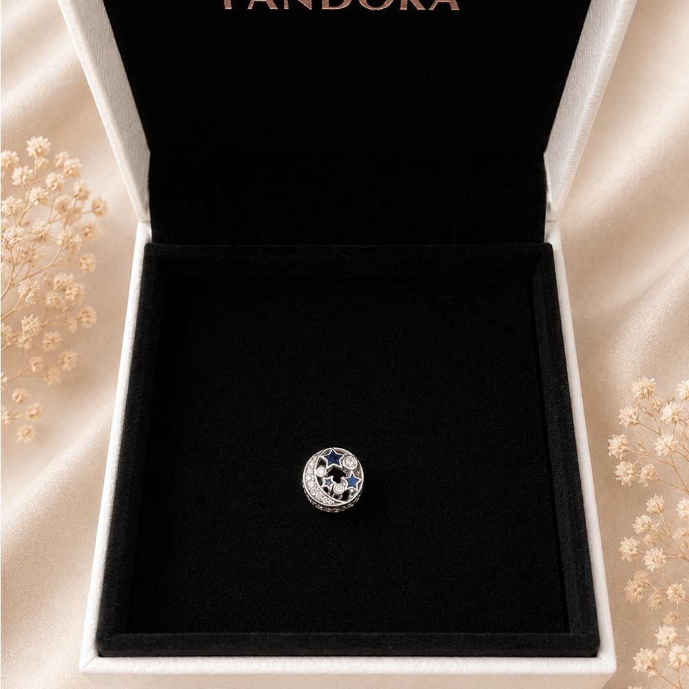 Pandora Silver Moon & Star Enamel Charm with Blue Accents